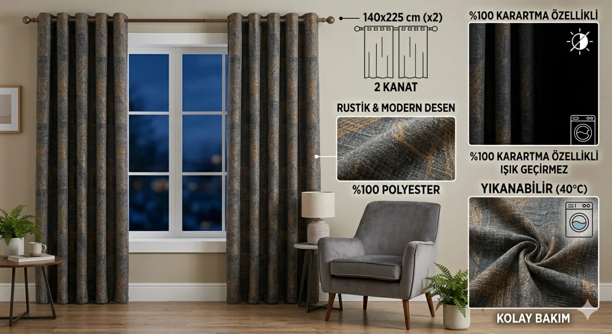 2 Kanat Fon Perde 140x225 cm - %100 Polyester, Karartma Özellikli, Rustik ve Modern Desenl…